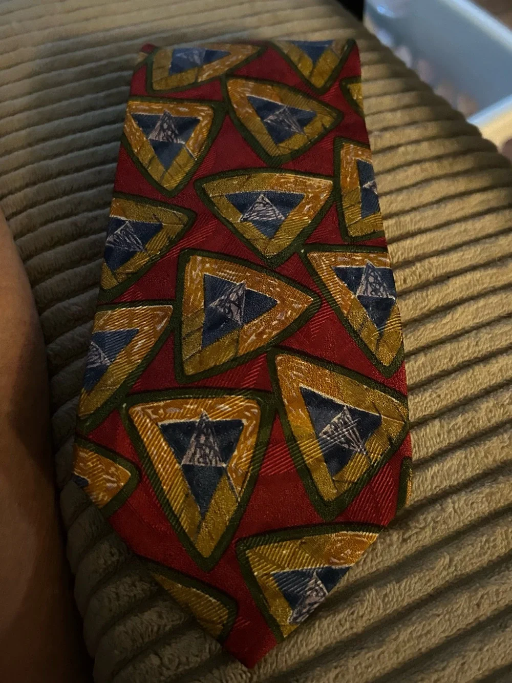 Karl Lagerfeld Red Silk Tie with Blue and Gold Geometric Motif